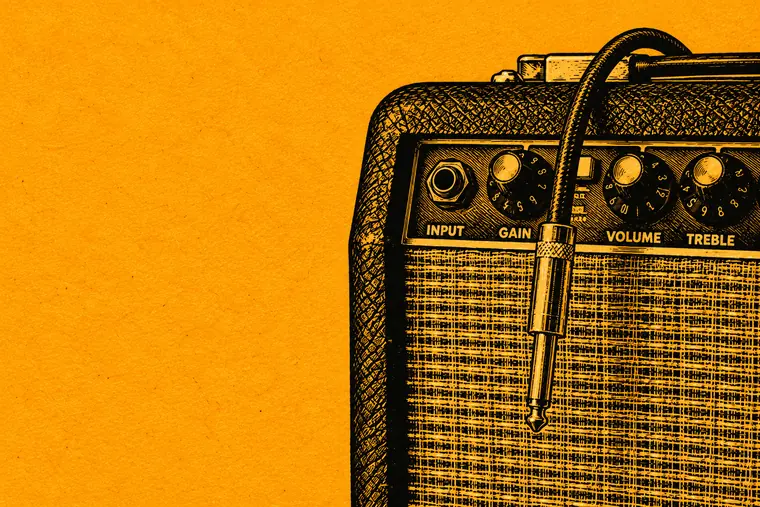 Engraved illustration of a combo amp with a guitar lead hanging over its control panel