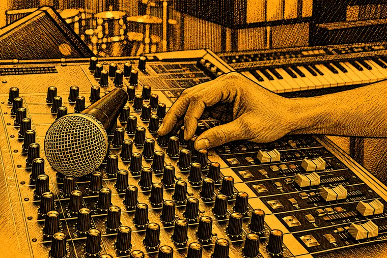 Engraved illustration of a vocal mic resting on a mixing desk while a hand sets the gain