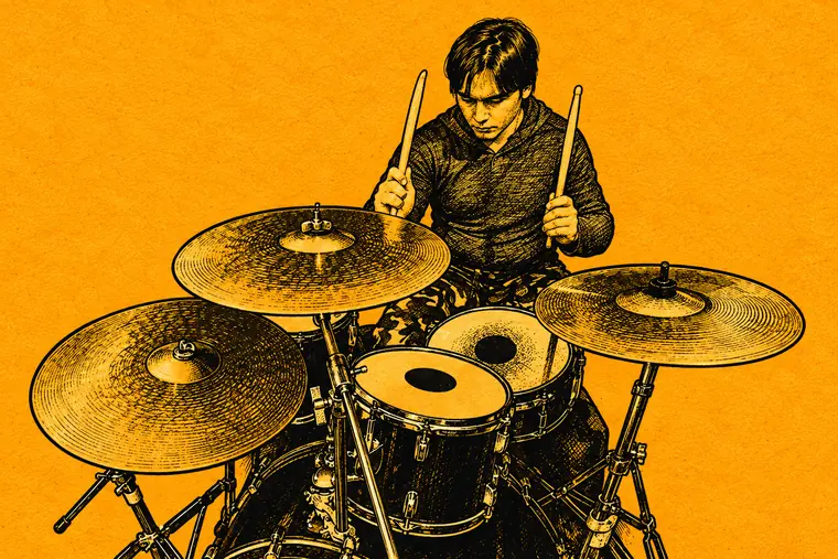 Engraved illustration of a drummer behind a full kit, sticks raised over the cymbals