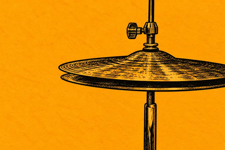 Engraved illustration of a hi-hat pair on its stand