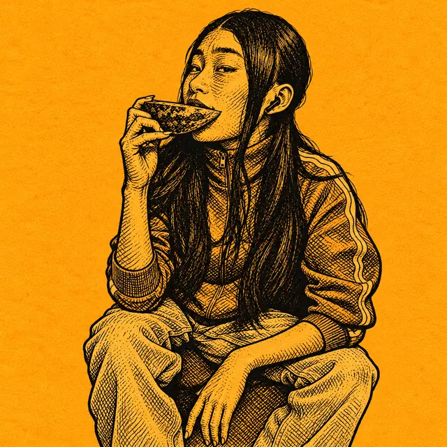 Engraved illustration of a young woman in a tracksuit and earbuds, crouched and eating a slice of watermelon