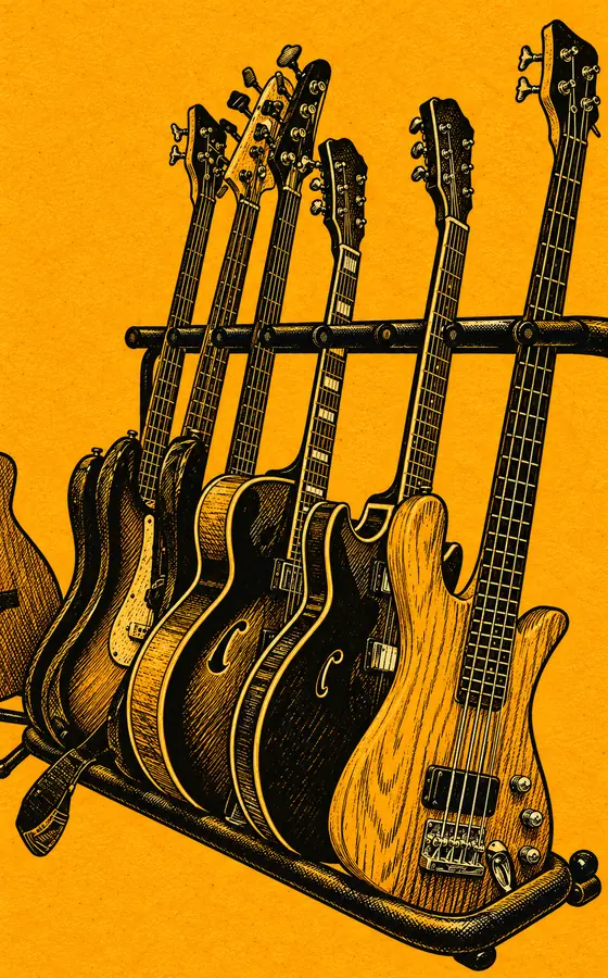 Engraved illustration of guitars and basses standing in one of the studio's racks