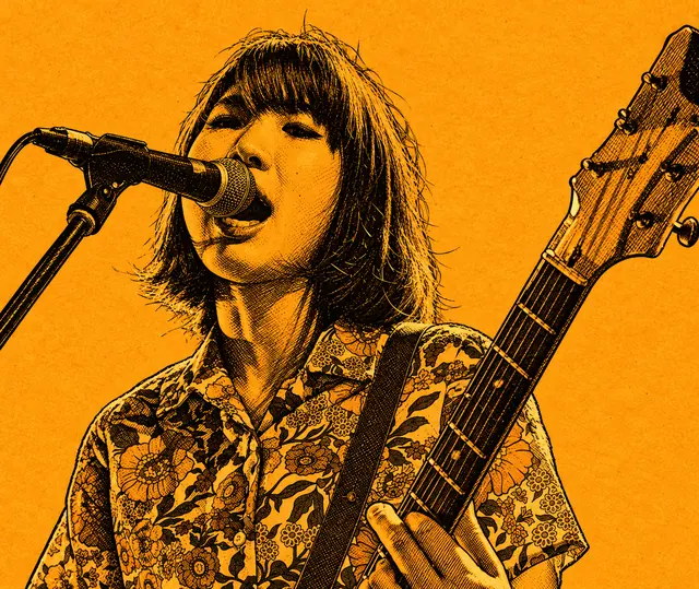 Engraved illustration of a singer in a floral shirt at the mic, guitar neck raised