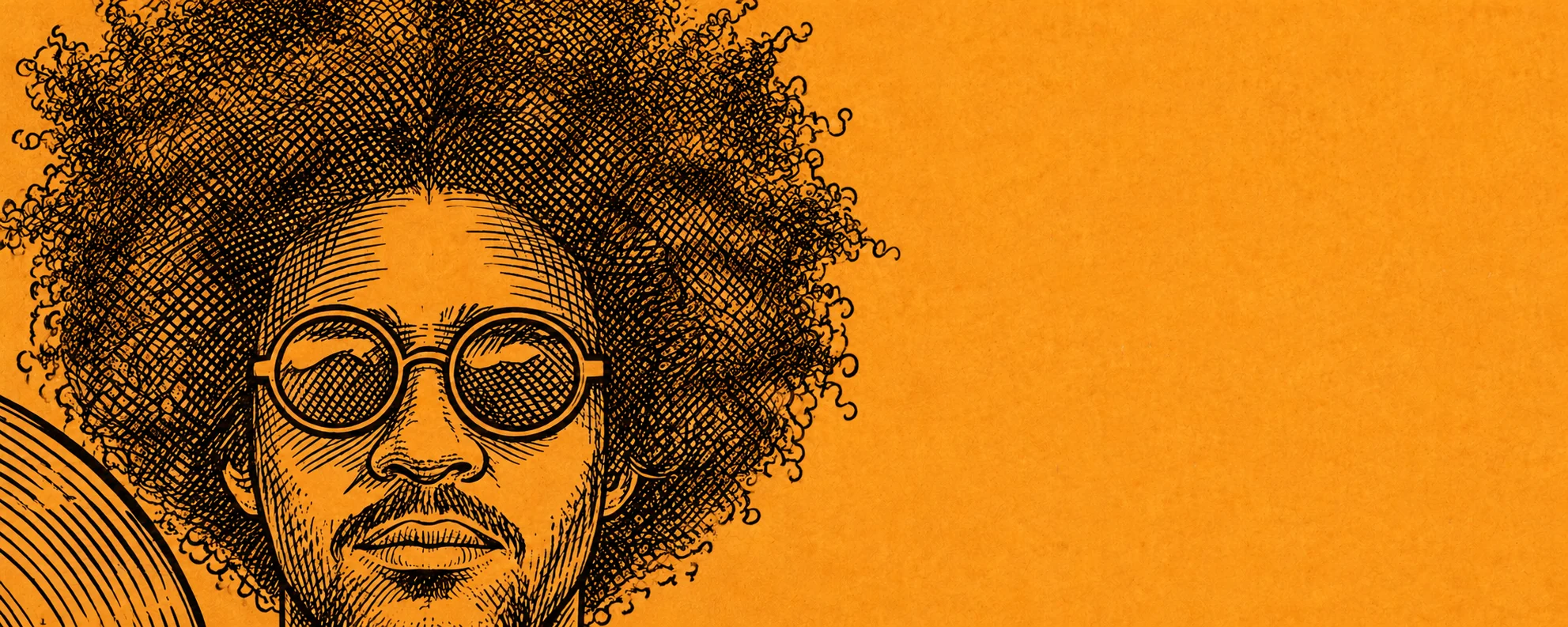 Line-engraved portrait of a musician with a big curly afro and round glasses beside a cymbal, on an orange ground